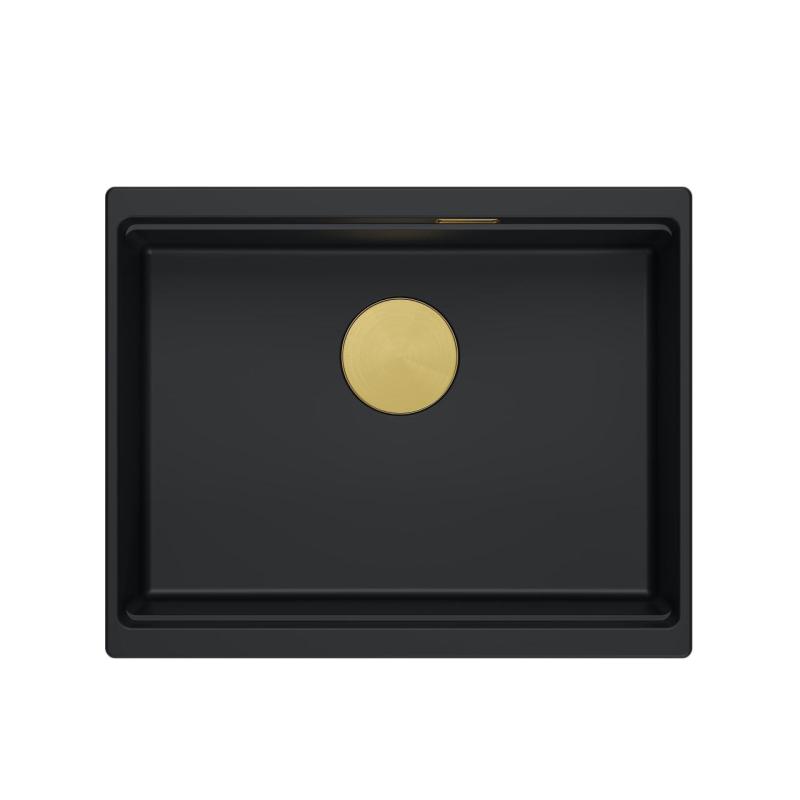 Quadri Newport II granito sotto-piano nero lavello 560x450 mm con tappo dorato e tappo di scarico 1208967449
