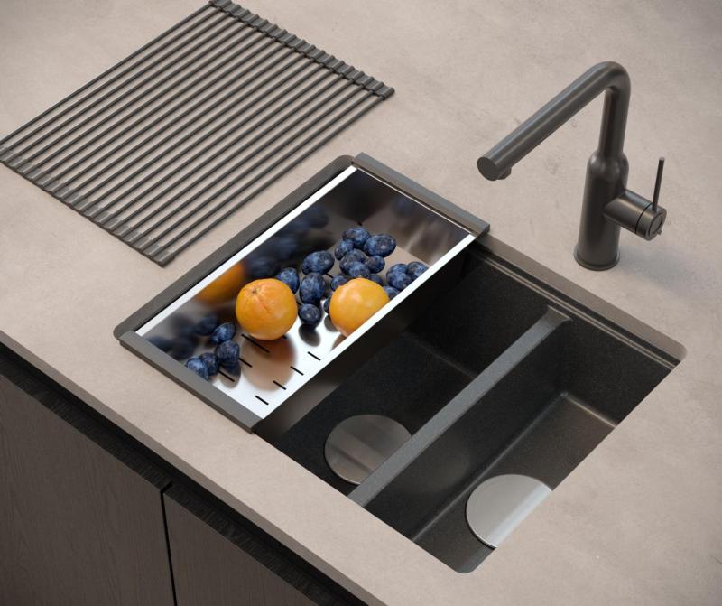 Quadri Newport II antracite 1,5 lavello in granito da incasso e sottopiano 555x460mm con tappo in acciaio inox 1208967472