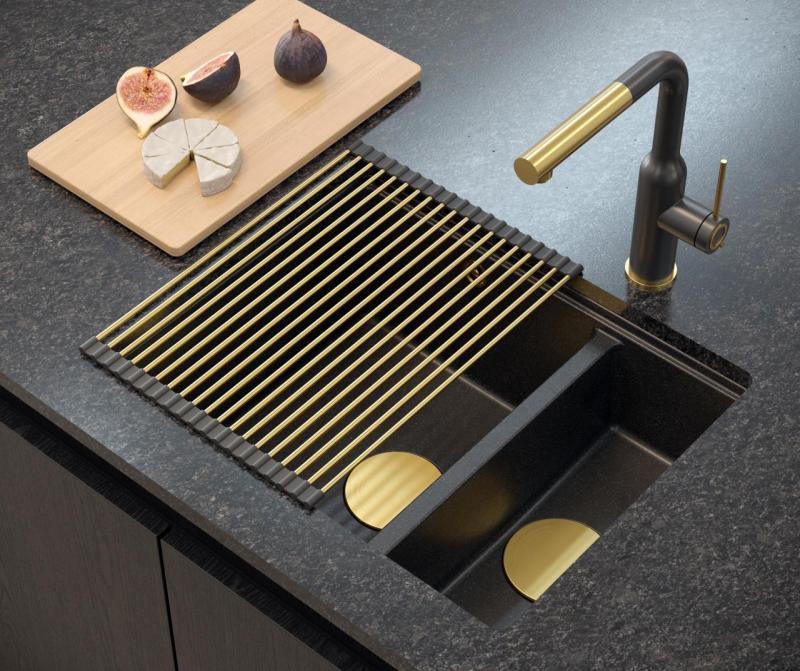 Quadri Newport II antracite 1,5 lavello in granito da incasso e sottopiano 555x460mm con tappo dorato 1208967473