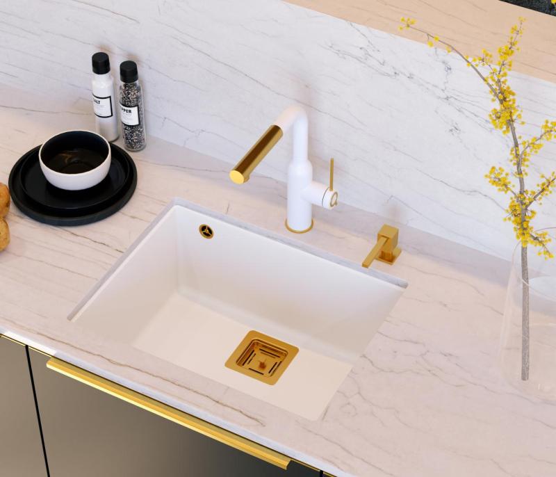 Quadri Quadrangle lavello sottopiano in granito bianco 55x42cm con tappo in rame 1208967478