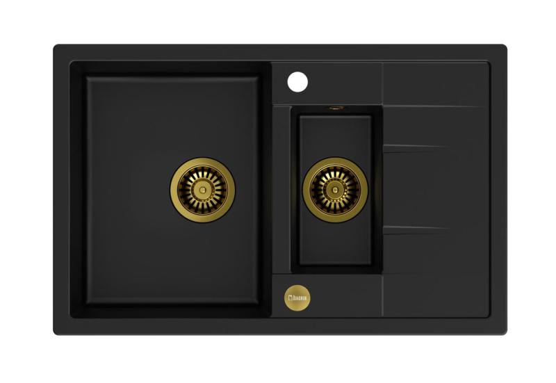 Quadri Brenton lavello in granito nero da appoggio 1,5 vasca con sgocciolatoio 78x50cm con tappo dorato 1208967554