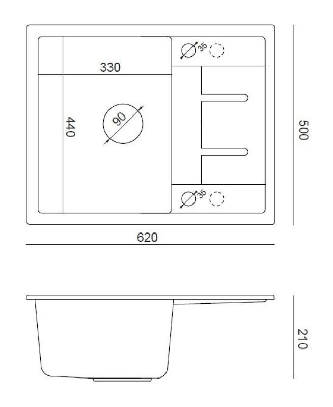 Vasca da incasso Quadri Dalton in granito grigio con superficie di sgocciolamento 62x50cm con tappo in rame 1208967566