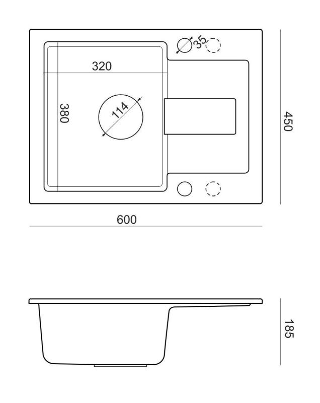 Quadri Sutton Antracite Lavello da Incasso in Granito 60x45cm con Scolapiatti, Reversibile con Tappo Nero - 1208967586