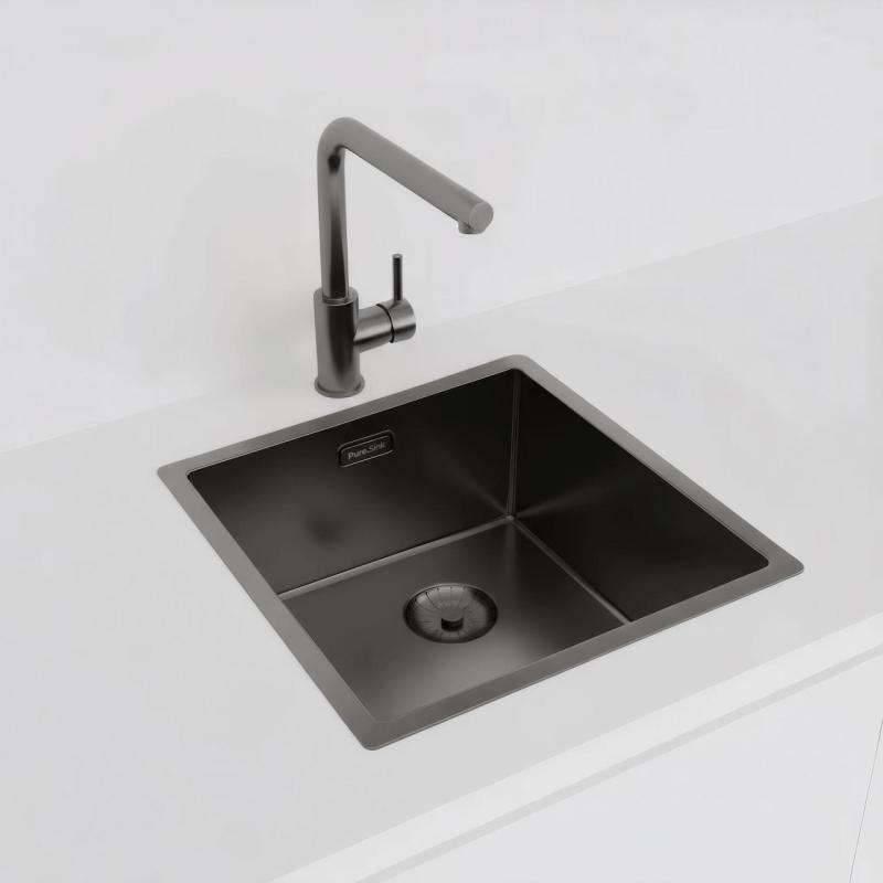 Lavello Pure.Sink Prestige 40x40 cm PVD Gun Metal raggio 10mm montaggio sottotop, filo-top e sopratop PPG4040-61.