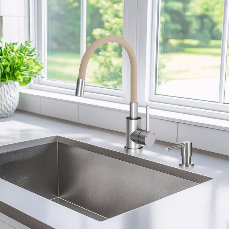 Quadri Bristol Rubinetto da Cucina in Acciaio Inox con Beccuccio Flessibile Beige 1208967664