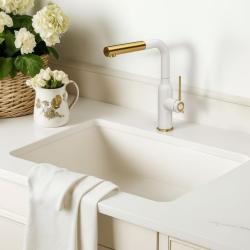 Rubinetto da Cucina Quadri Stamford Bianco con Finitura in Oro PVD e Bocca Estraibile 1208967686