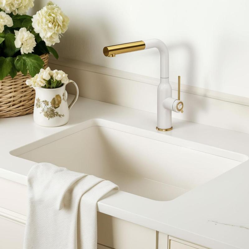 Rubinetto da Cucina Quadri Stamford Bianco con Finitura in Oro PVD e Bocca Estraibile 1208967686