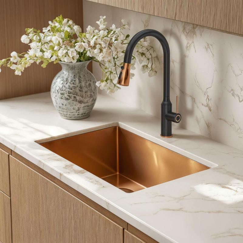 Rubinetto da cucina Quadri Stamford nero con finitura in rame PVD, con bocca estraibile e modalità spray 1208967695