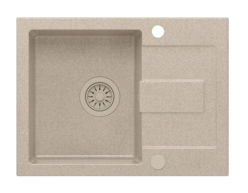 Quadri Sutton Beige Sabbia Lavello da Appoggio in Granito 60x45cm con Sgocciolatoio, Reversibile con Tappo Beige - 1208967751