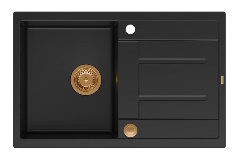 Quadri Sheffield Lavello da Appoggio in Granito Nero 78x50cm con Scolapiatti e Tappo in Rame - 1208967804