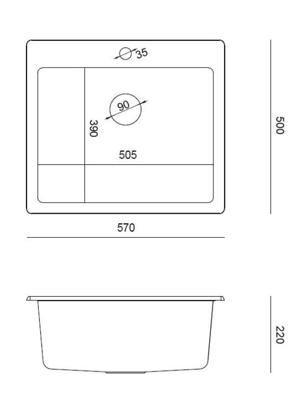 Quadri Sheffield Antracite Lavello in Granito da Incasso o Sottopiano 57x50 cm con Foro per Rubinetto e Tappo in Rame - 1208967814