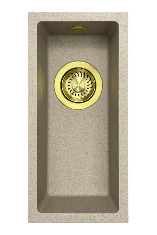 GraniteMy Universal lavello in granito beige sabbia piccolo 17x40 cm da incasso, sottopiano e filo top con tappo dorato 1208968003