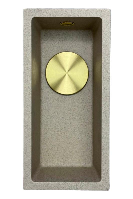 GraniteMy Universal lavello in granito beige sabbia piccolo 17x40 cm da incasso, sottopiano e filo top con tappo dorato 1208968003