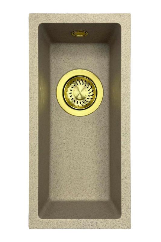 GraniteMy Universal lavello in granito beige sabbia piccolo 17x40 cm da incasso, sottopiano e filo top con tappo dorato 1208968003