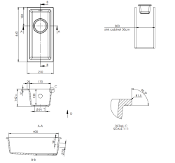 GraniteMy Universale lavello piccolo in granito sabbia beige 17x40 cm montaggio a incasso, sottotop e filotop con tappo gun metal 1208968006.