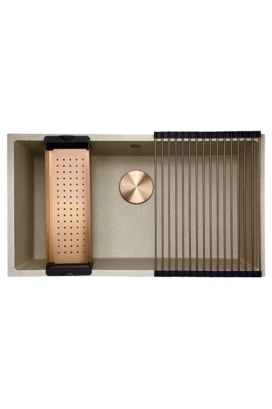 GraniteMy Universal lavello in granito beige sabbia 74x40 cm da appoggio, sottopiano e incasso con tappo in rame 1208968019