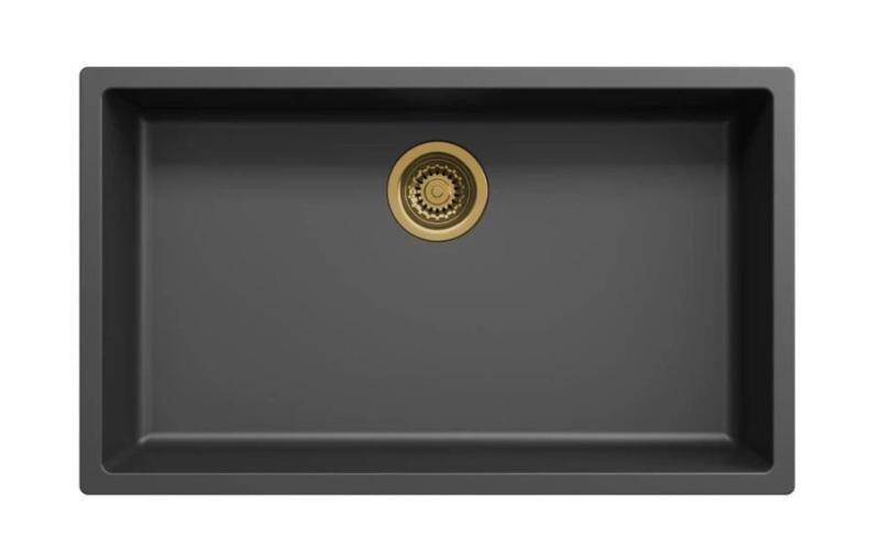 Lavello grande nero 70x40 cm da incasso sotto piano e a filo piano con tappo dorato 1208968040
