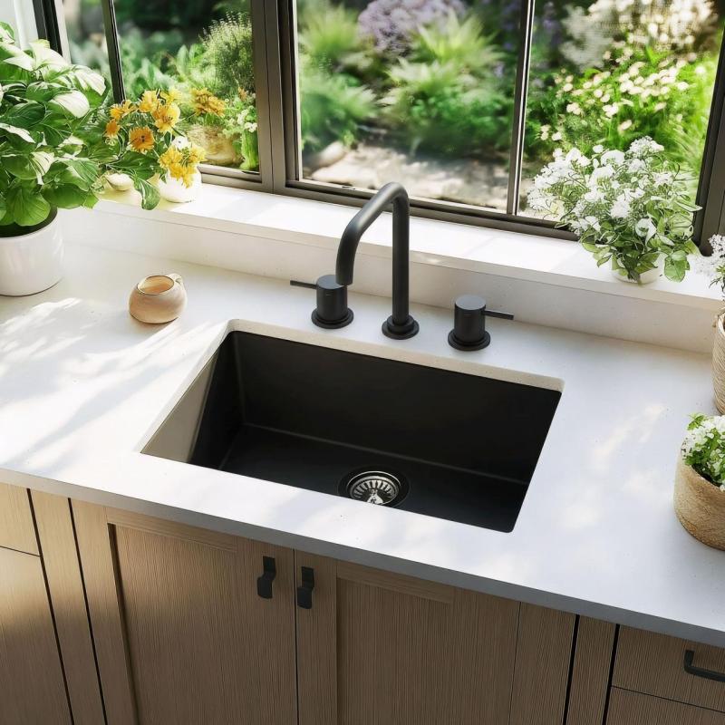 Rubinetto da cucina a tre fori con beccuccio girevole e collegamento per acqua filtrata, nero, modello Waterevolution Flow T152HPR