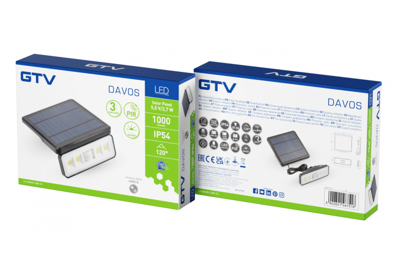 Lampada solare con sensore di movimento e crepuscolare DAVOS, LED, 1000lm, 4000K, 2000mAh, IP54, nero