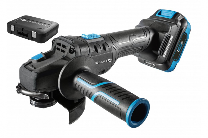 HÖGERT Smerigliatrice angolare senza fili con interruttore a paddle, 125MM, 18V, set con batteria, caricatore, accessori.