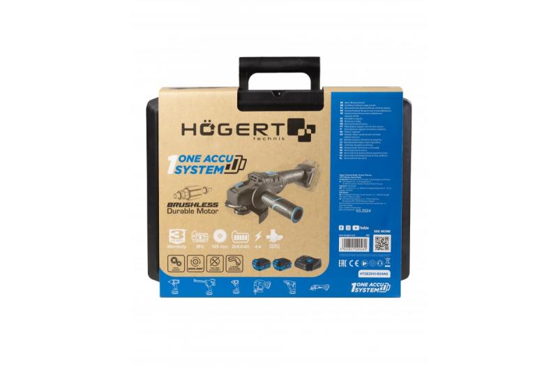 HÖGERT Smerigliatrice angolare senza fili con interruttore a paddle, 125MM, 18V, set con batteria, caricatore, accessori.