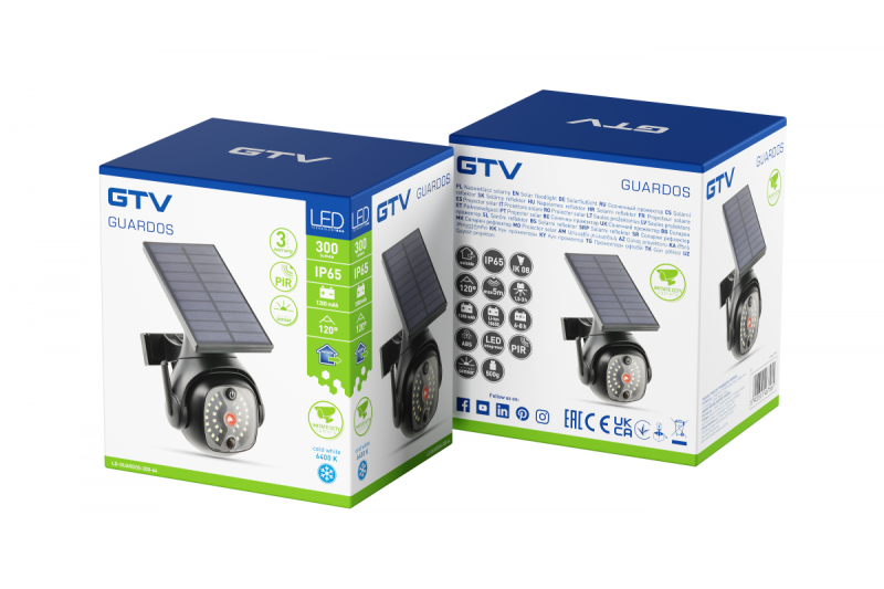 Luce solare da alluvione con sensore di movimento e crepuscolare GUARDOS, LED, 300lm, 6400K, 1200mAh, IP65, telecamera finta