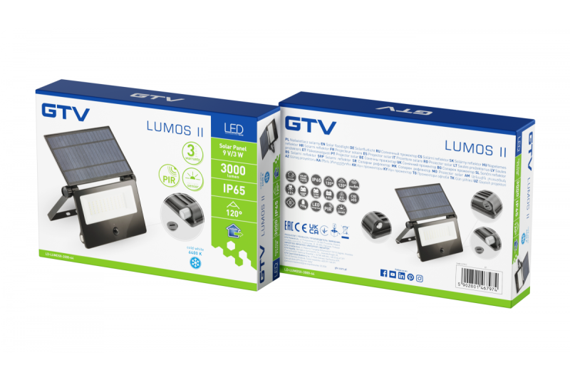 Luce solare allagamento LUMOS II, LED, 3000lm, 6400K, 2x2600mAh sostituibile, IP65, nero