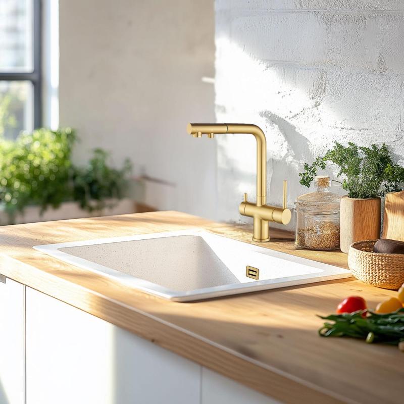Ausmann Ellington Rubinetto da Cucina a 3 Vie con Doccetta Estraibile e Acqua Filtrata – Oro – 1208970498