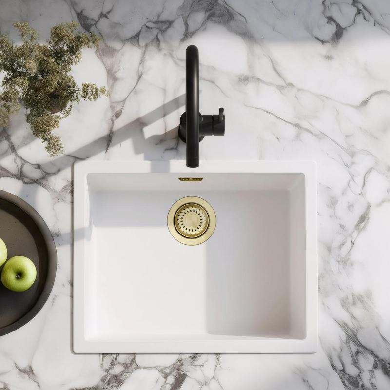 Lavello Bianco 50x40 cm Sottopiano, Soprapiano e Filo Top con Tappo Dorato 1208970532