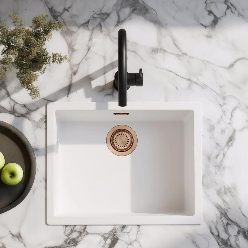 Lavello Bianco 50x40 cm Sottopiano, Soprapiano e a Filo con Tappo in Rame 1208970533