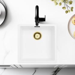 Lavello Bianco 40x40 cm Sottopiano, Soprapiano e a Filo con Tappo Dorato 1208970537