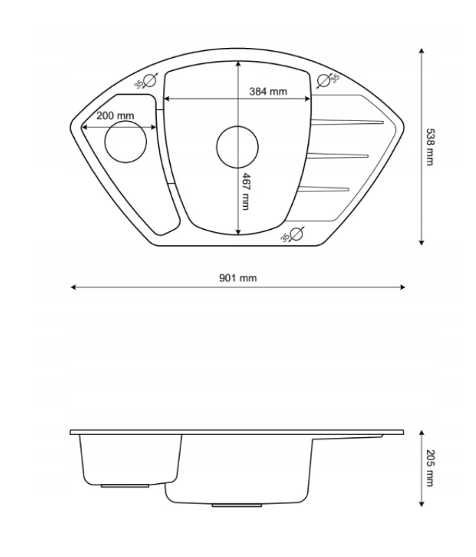 Graniteland Monte Granito nero pietra blu Lavello angolare da appoggio 901x538mm con tappo in acciaio inossidabile 1208970601