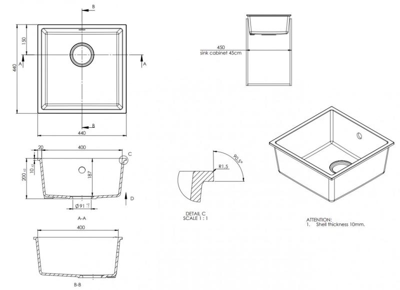 GraniteMy Universal Granito Grigio, scuro Lavandino 40x40 cm Da incasso, Sottotop e Filo top con tappo in acciaio inossidabile 1208970742