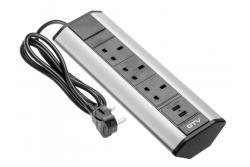 Cavo di prolunga da scrivania con 3 prese UK angolate, 2xUSB 2.1A 5V (argento) VERSIONE INGLESE