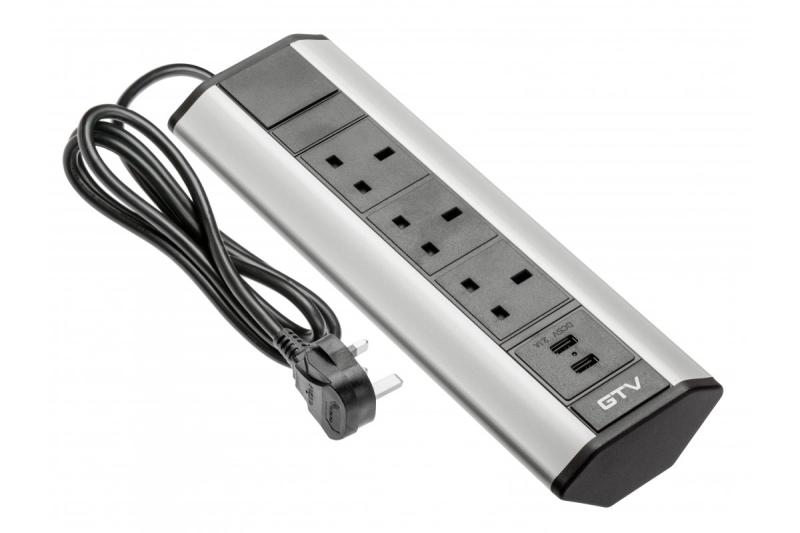 Cavo di prolunga da scrivania con 3 prese UK angolate, 2xUSB 2.1A 5V (argento) VERSIONE INGLESE