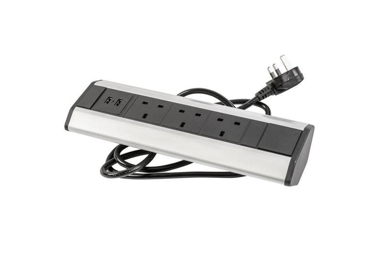 Cavo di prolunga per scrivania con 3 prese UK angolari, 2x USB 2.1A 5V (argento) SENZA LOGO