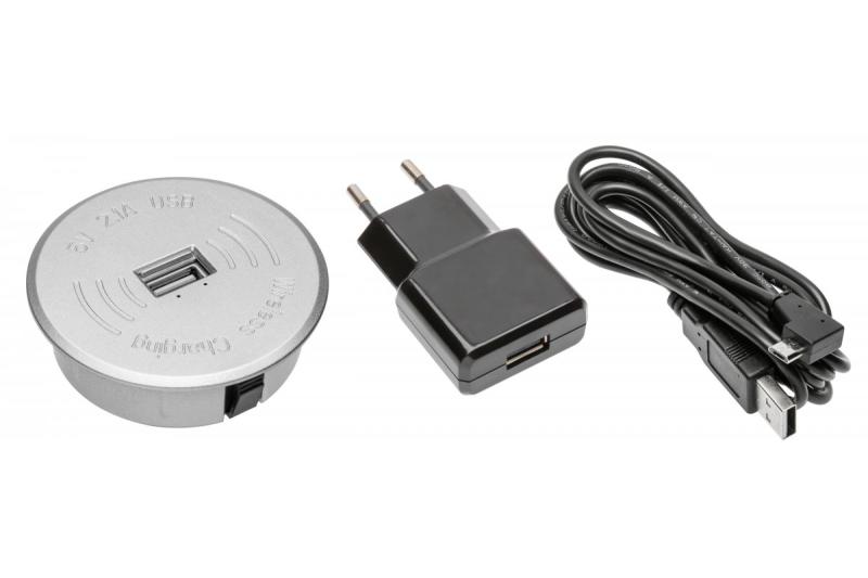 Set caricatore wireless con USB argento con alimentatore (cavo USB staccabile da 2 m)