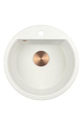 GraniteMy Bremen lavabo rotondo in granito 43 cm bianco da incasso e sottotop con foro per rubinetto con tappo di rame 1208971222