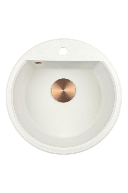 GraniteMy Bremen lavabo rotondo in granito 43 cm bianco da incasso e sottotop con foro per rubinetto con tappo di rame 1208971222