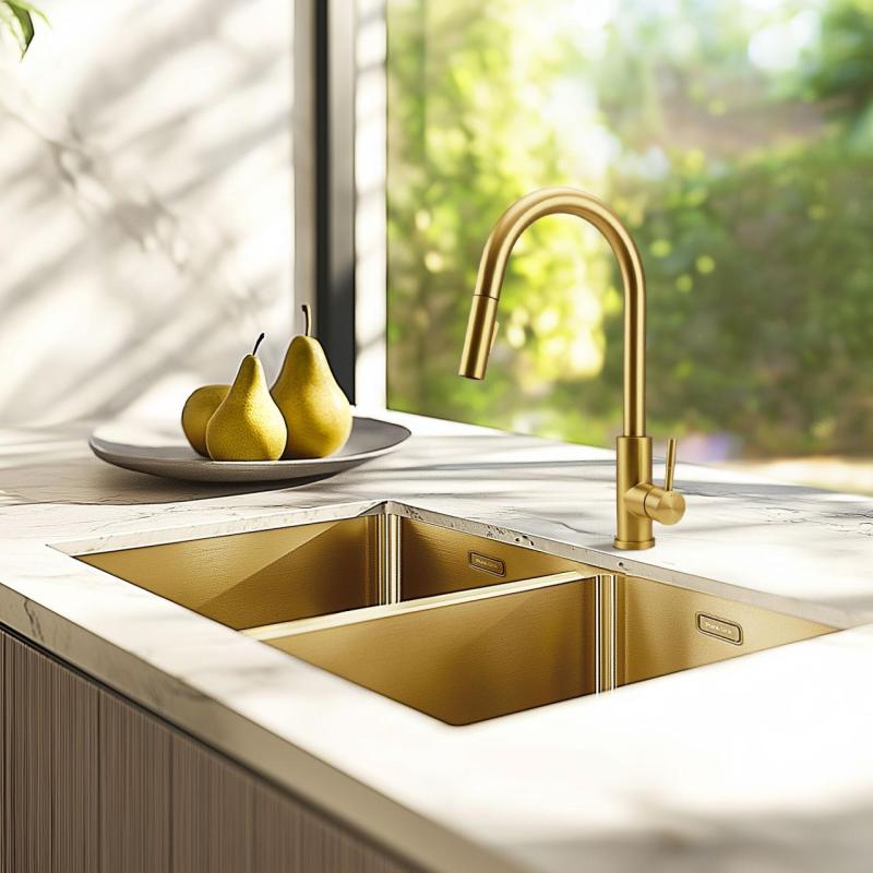 Pure.Sink Prestige Doppio lavello dorato 70x40 cm raggio 10mm da incasso, da appoggio e da montaggio PPG343440-60