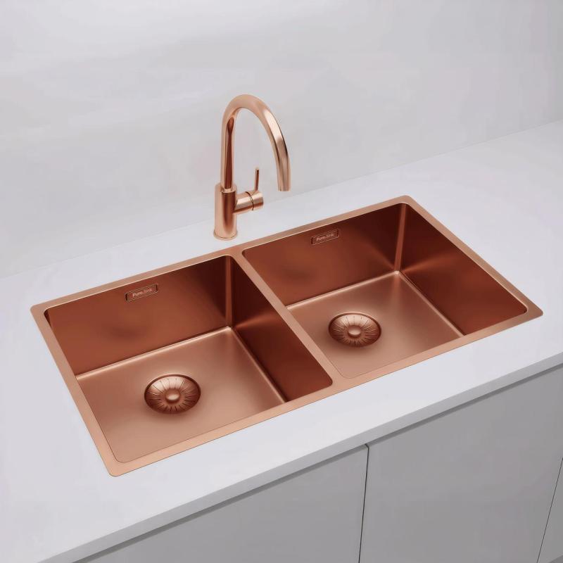 Pure.Sink Prestige Doppio lavabo in rame 82x40 cm raggio 10mm sottotop, a filo e sopratop PPG404040-62