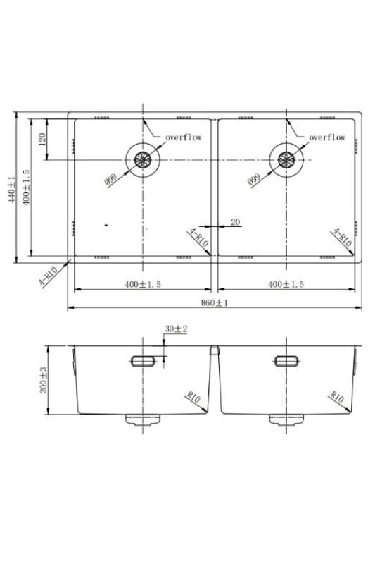 Pure.Sink Prestige Doppio lavabo in rame 82x40 cm raggio 10mm sottotop, a filo e sopratop PPG404040-62
