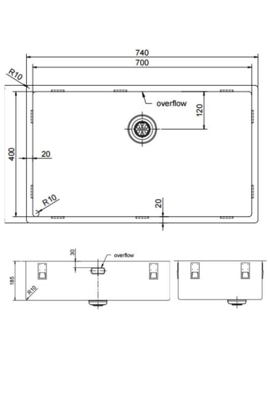 Pure.Sink Exclusivo grande lavello in acciaio inossidabile 70x40 cm raggio 10mm sottotop, top liscio e sopratop PEX7040-02