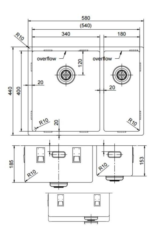 Pure.Sink Exclusivo Gun Metal 1,5 lavello con una vasca e mezza 34+18 cm raggio 10mm PEX341840-61