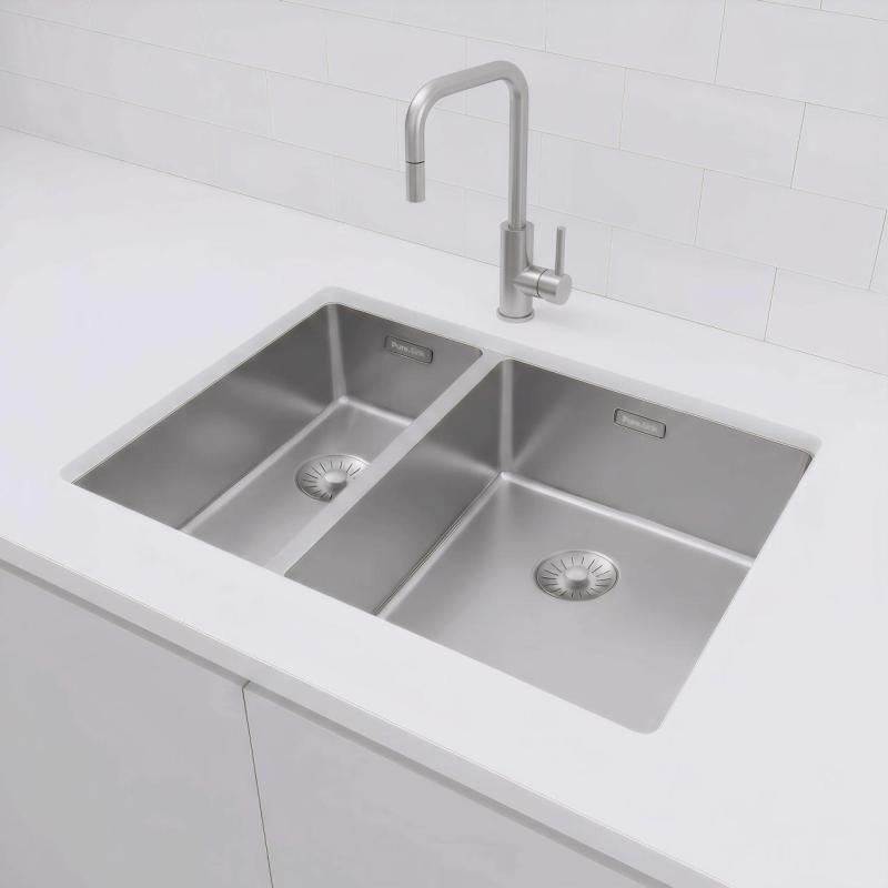 Pure.Sink Exclusivo RVS 1,5 lavabo doppio 18+34 cm raggio 10mm PEX183440-02