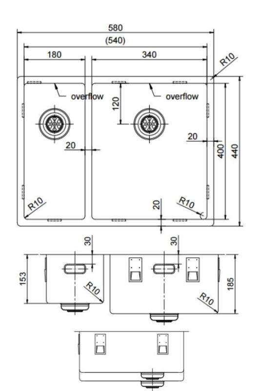 Pure.Sink Exclusivo Rame 1,5 vasca da bagno e mezzo 18+34cm raggio 10mm PEX183440-62