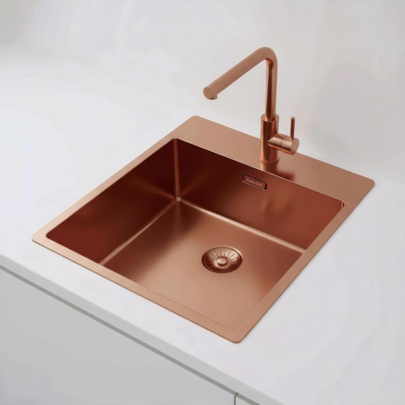 Pure.Sink Exclusivo Lavello in rame 44x52 cm Tapwing con banca foro rubinetto raggio 10mm PEX4040T-62