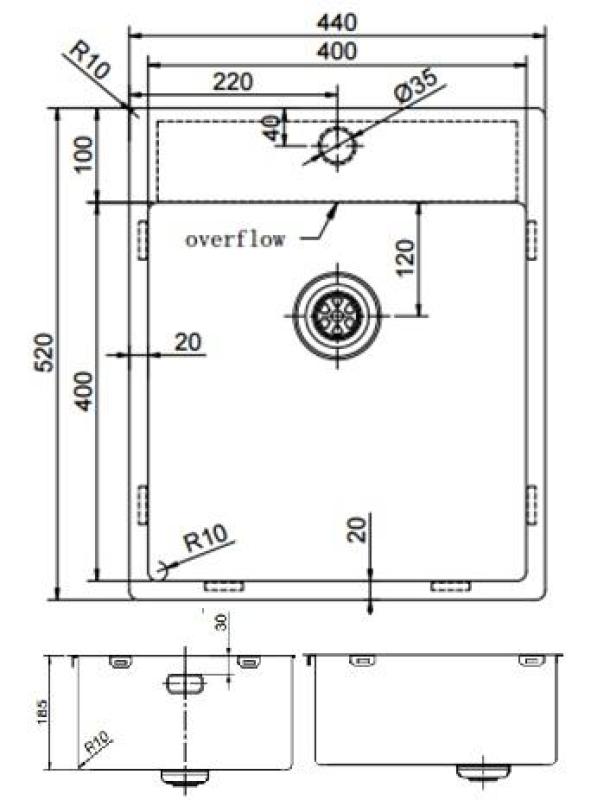 Pure.Sink Exclusivo Lavello in rame 44x52 cm Tapwing con banca foro rubinetto raggio 10mm PEX4040T-62