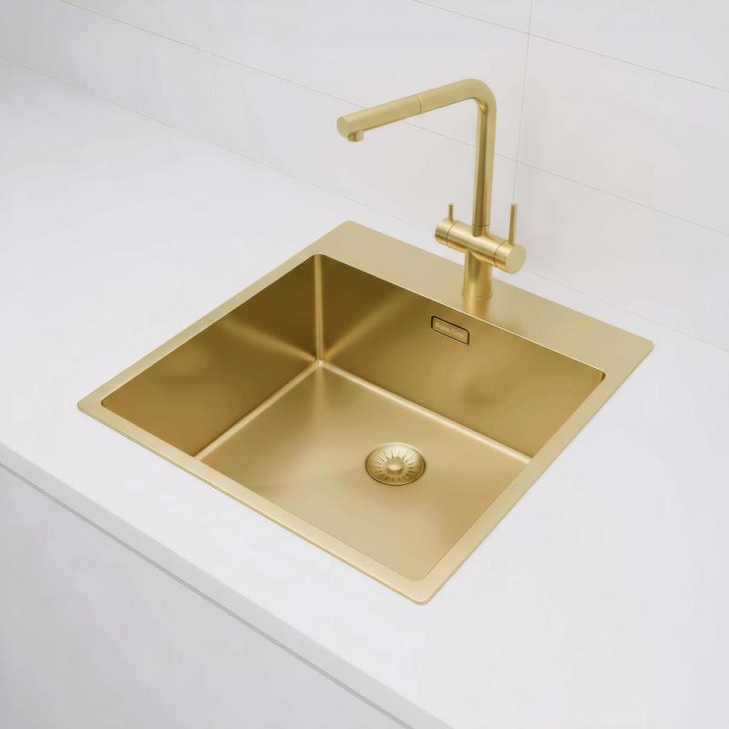 Pure.Sink Exclusivo Lavello dorato 49x52 cm Tapwing con foro rubinetto raggio 10mm PEX4540T-60