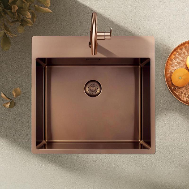 Pure.Sink Exclusivo Lavello in rame 54x52 cm Tapwing con foro per rubinetto raggio 10mm PEX5040T-62